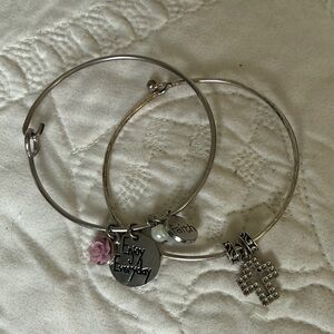 Silver-Tone Faith & Enjoy Everyday Charm Bangle Bracelets - Pink Rose Accent -